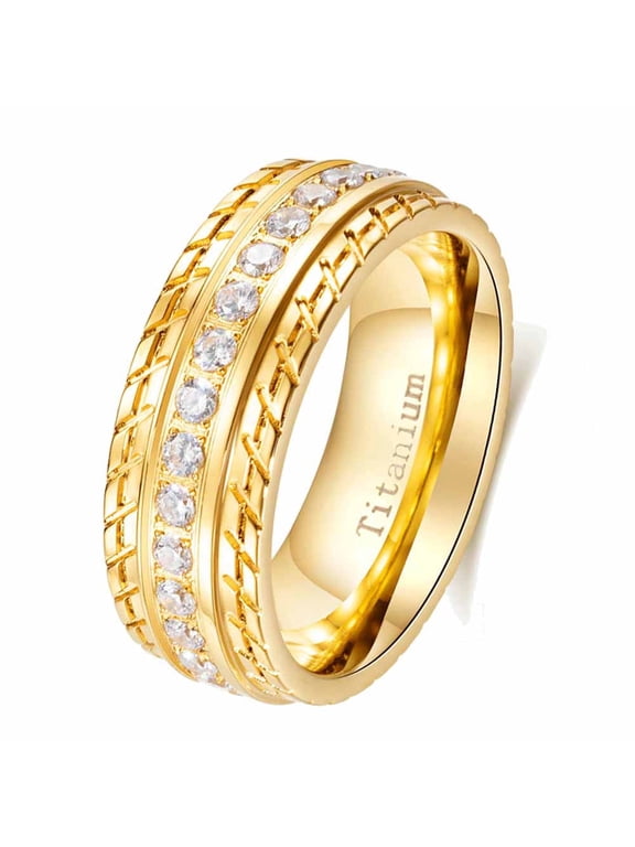 Yellow Gold Plated 8mm AAA CZ Titanium Steel Mens Ring Men Wedding Band Man Ring