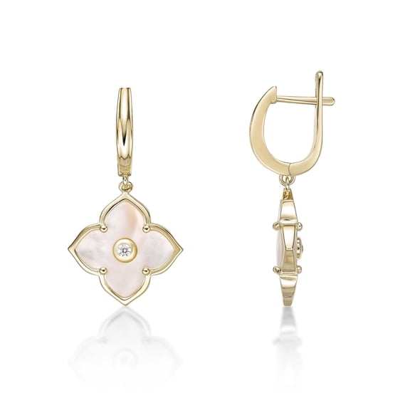 Yellow Gold Plated 925 Sterling Silver Flower Dangle Earrings With Pearl & CZ