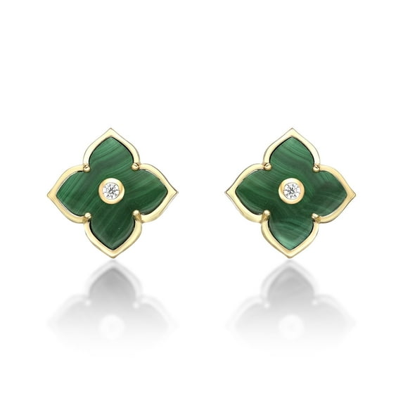 925 Sterling Silver Malachite Flower Earrings Yellow Gold Plated with Cubic Zirconia - Hinged Back for Women