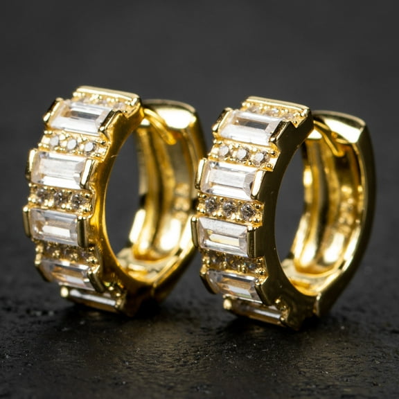 Yellow Gold Plated 925 Sterling Silver Iced Cz Emerald Cut Small Hoop Earrings