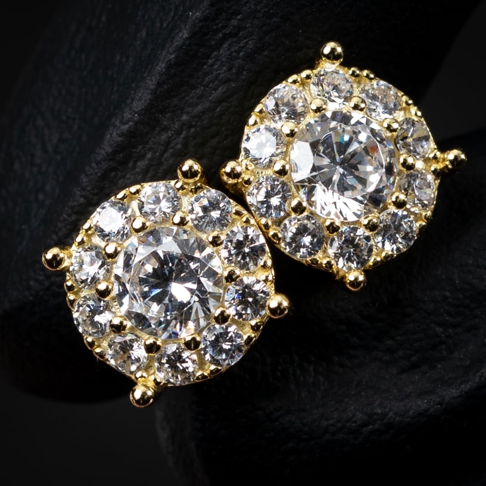 Yellow Gold Plated 925 Sterling Silver Screw Back Post Large Unisex Round Hip hop CZ Flower Cluster Big Circle Shape Stud Earrings