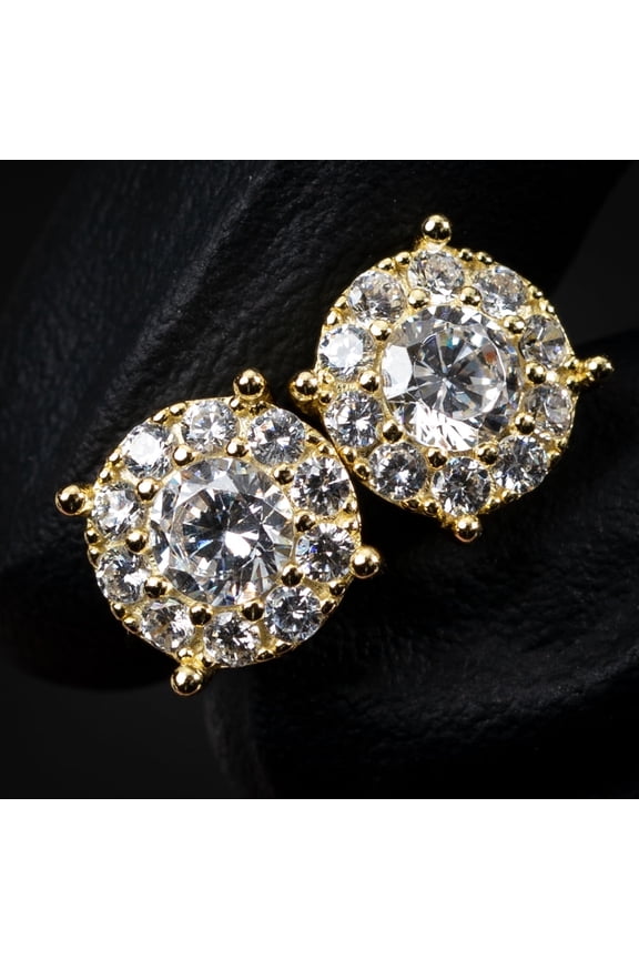 Yellow Gold Plated 925 Sterling Silver Screw Back Post Large Unisex Round Hip hop CZ Flower Cluster Big Circle Shape Stud Earrings