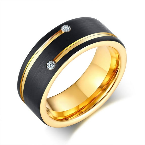 Yellow Gold Plated AAAAA CZ Tungsten Carbide Mens Ring Men Wedding Band Black Ring for Man