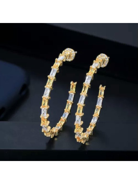 Yellow Gold Plated Art Deco Cubic Zircon 925 Silver Big Round Loop Hoop Earrings