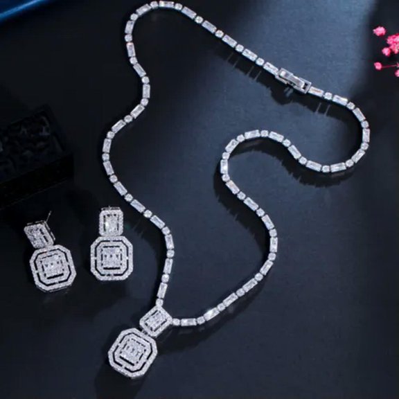 Yellow Gold Plated Baguette CZ Bridal Square Drop Necklace Earrings Jewelry Set