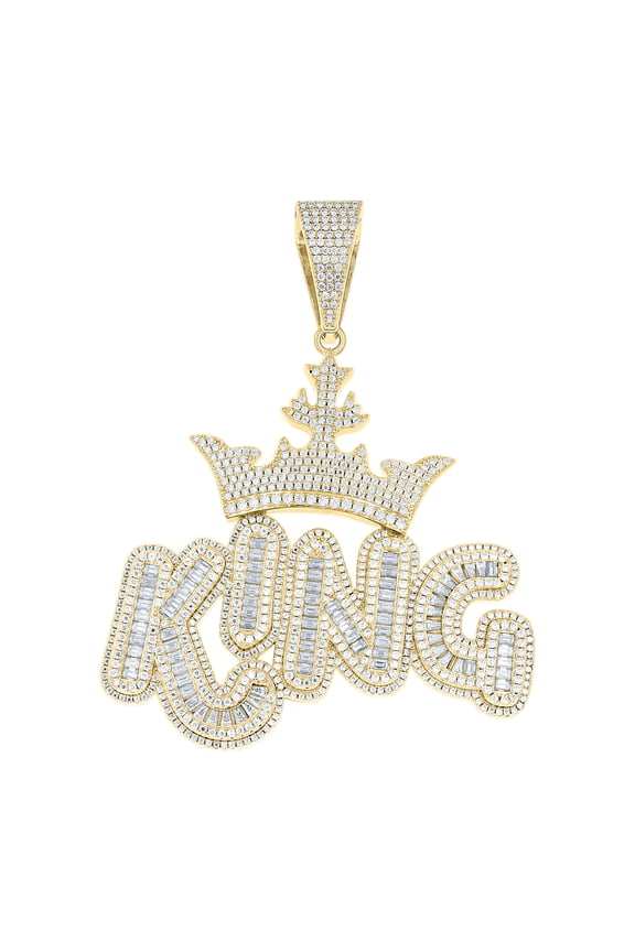 Yellow Gold Plated Baguette Moissanite Iced Charm Crowned KING Pendant 18.14 CT