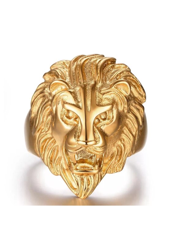 Yellow Gold Plated Biker Ghotic Men's Ring Lion Animal Statement Textured Size 8 B527