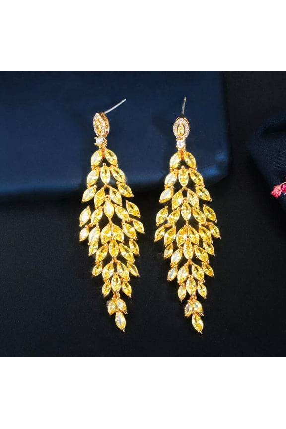 Yellow Gold Plated CZ Crystal Leaf Long Dangling Drop Earring 925 Silver Jewelry