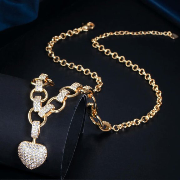 Yellow Gold Plated CZ Cuban Link Chain Heart Charm Necklace Bohemian Jewellery