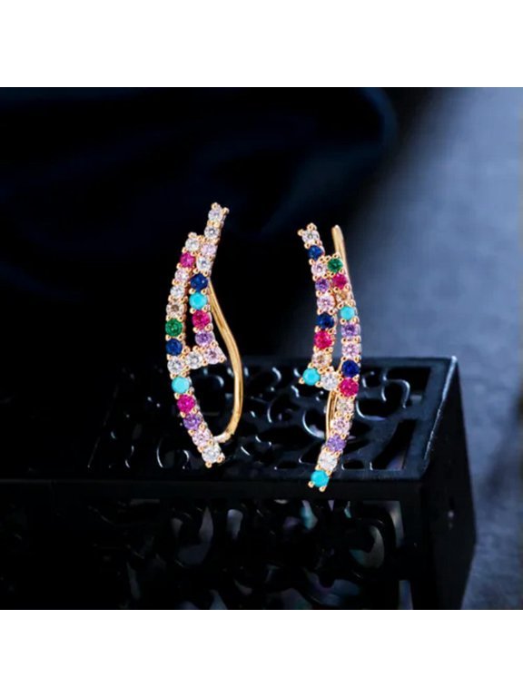 Yellow Gold Plated CZ Ear Cuff Climbing Feather Angle Wing Hook Stud Earrings