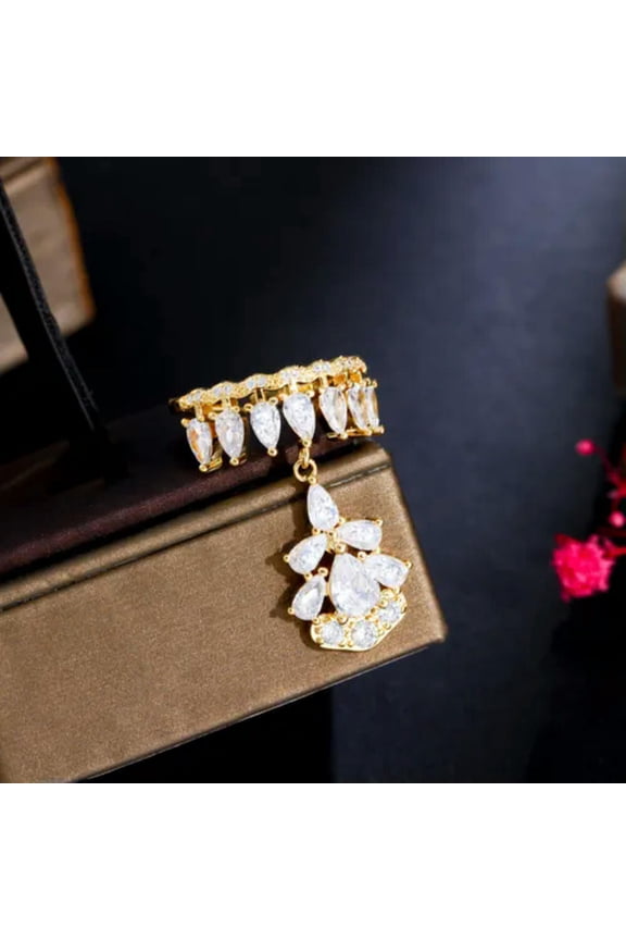 Yellow Gold Plated Cubic Zirconia Amerian Crystal Water Dangle Drop Charm Ring