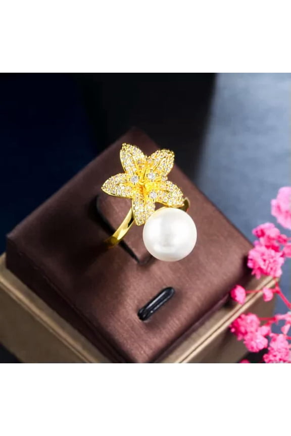 Yellow Gold Plated Cubic Zirconia Luxury Fashion Finger Flower Leaf Pearl Ring