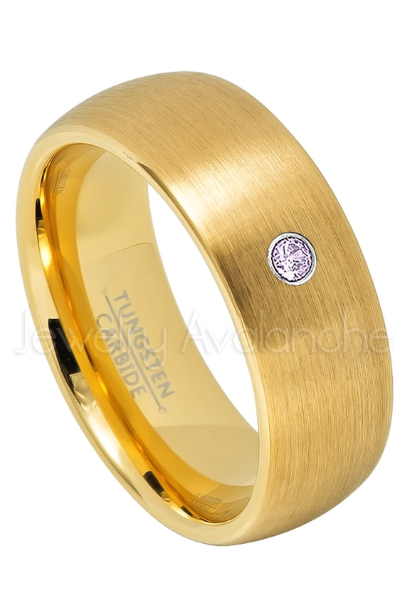 Yellow Gold Plated Dome Tungsten Wedding Band - 0.07ct Solitaire Amethyst Ring - Personalized Tungsten Wedding Ring - Custom Made February Birthstone Ring TN690BS