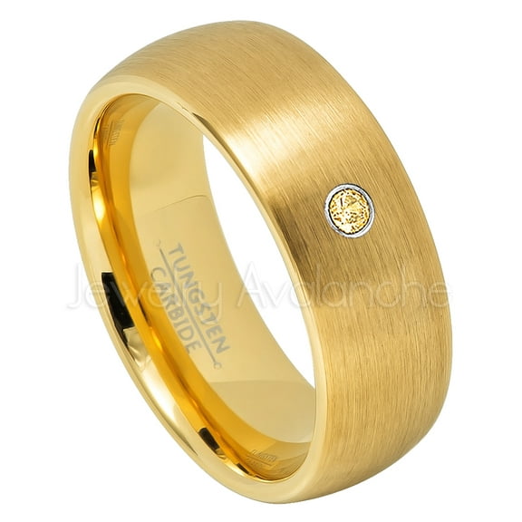 Yellow Gold Plated Dome Tungsten Wedding Band - 0.07ct Solitaire Citrine Ring - Personalized Tungsten Wedding Ring - Custom Made November Birthstone Ring TN690BS