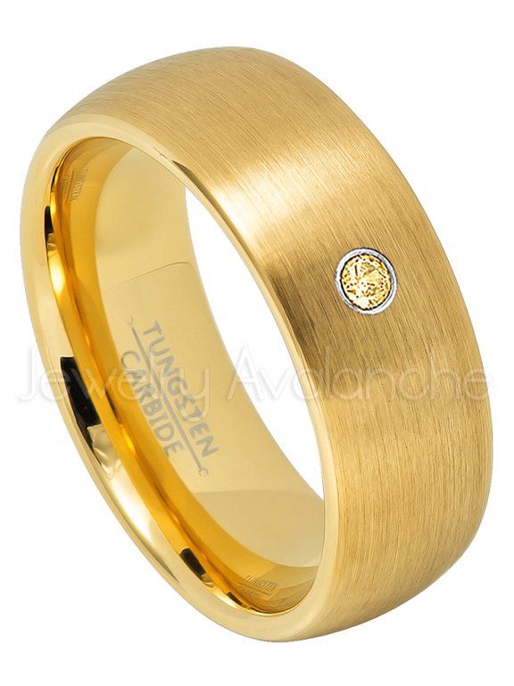 Yellow Gold Plated Dome Tungsten Wedding Band - 0.07ct Solitaire Citrine Ring - Personalized Tungsten Wedding Ring - Custom Made November Birthstone Ring TN690BS