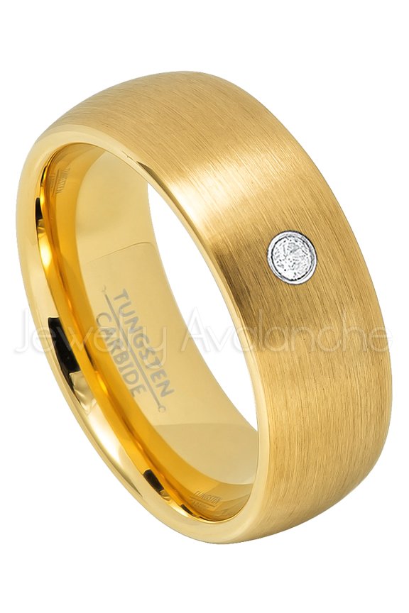 Yellow Gold Plated Dome Tungsten Wedding Band - 0.07ct Solitaire Diamond Ring - Personalized Tungsten Wedding Ring - Custom Made April Birthstone Ring TN690BS