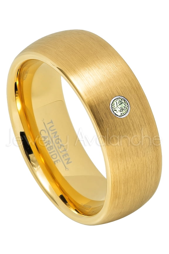 Yellow Gold Plated Dome Tungsten Wedding Band - 0.07ct Solitaire Peridot Ring - Personalized Tungsten Wedding Ring - Custom Made August Birthstone Ring TN690BS