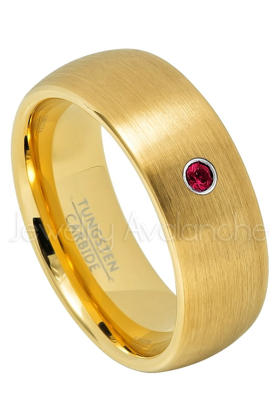Yellow Gold Plated Dome Tungsten Wedding Band - 0.07ct Solitaire Ruby Ring - Personalized Tungsten Wedding Ring - Custom Made July Birthstone Ring TN690BS