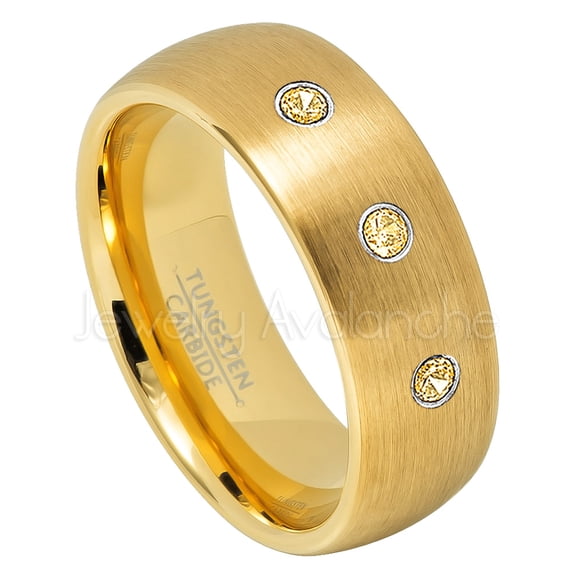 Yellow Gold Plated Dome Tungsten Wedding Band - 0.21ctw Citrine 3-stone Band - Personalized Tungsten Wedding Ring - Custom Made November Birthstone Ring TN690BS