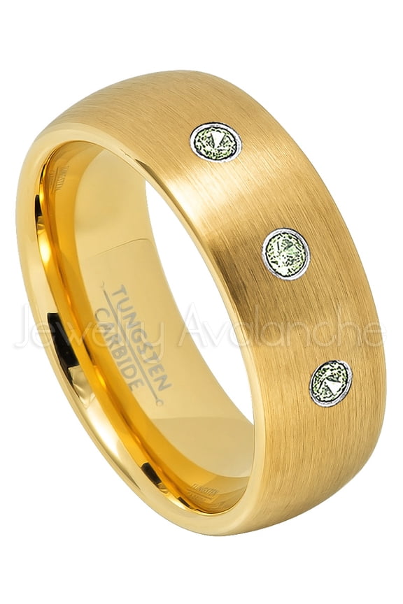 Yellow Gold Plated Dome Tungsten Wedding Band - 0.21ctw Peridot 3-stone Band - Personalized Tungsten Wedding Ring - Custom Made August Birthstone Ring TN690BS