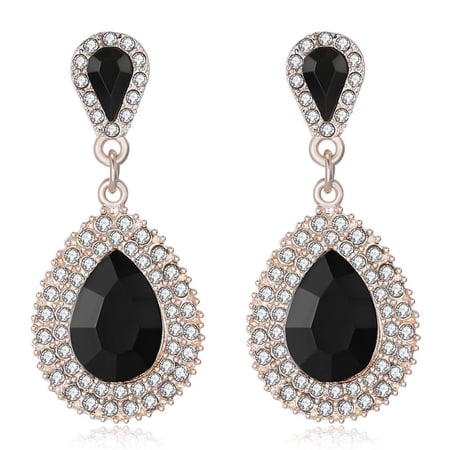 Yellow Gold Plated Drop Teardrop Textured Rose Earrings Chandelier AAA Zircon Black Stud Clasp L823