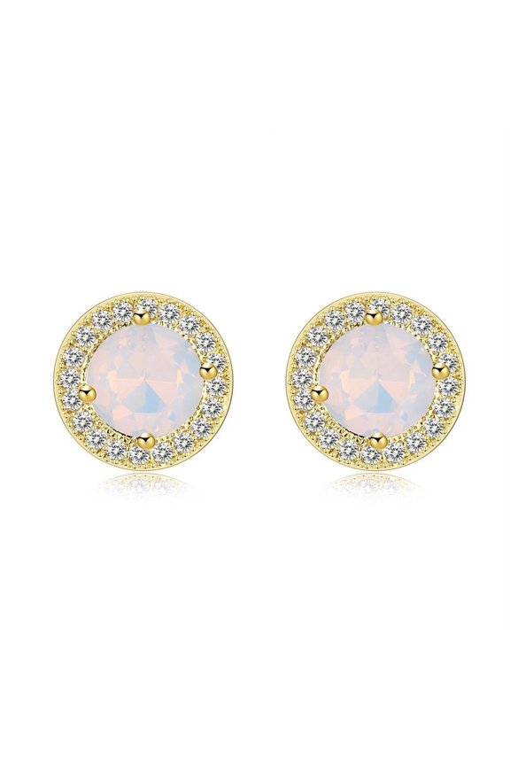 Silver Plated Opal Halo Cubic Zirconia Stud Earrings Push Back Textured L478