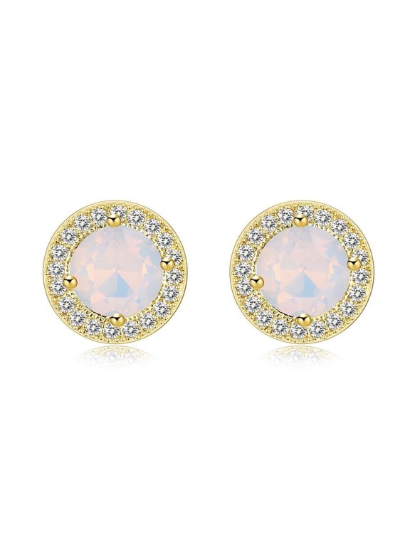 Silver Plated Opal Halo Cubic Zirconia Stud Earrings Push Back Textured L478