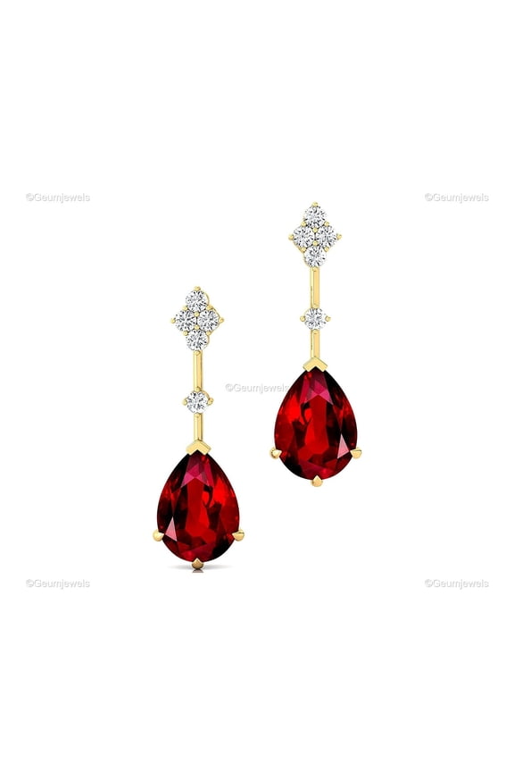 Yellow Gold Plated Flower Dangle Earrings With French Leverbacks, Ruby Birthstone