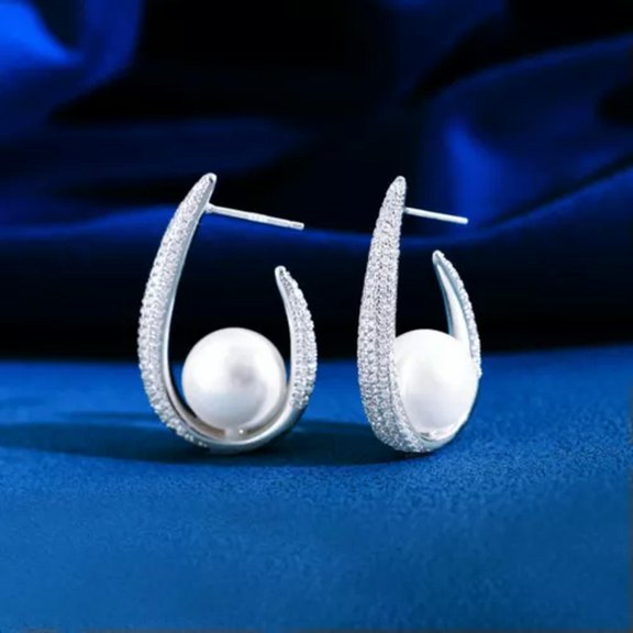 Yellow Gold Plated Green CZ Big Round Pearl Hoop Earrings Famous Brand Jewelry