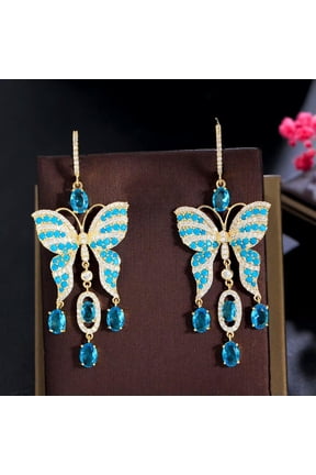 Yellow Gold Plated Light Blue Turkish CZ Long Dangling Drop Butterfly Earrings