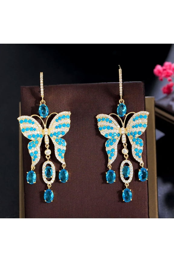Yellow Gold Plated Light Blue Turkish CZ Long Dangling Drop Butterfly Earrings
