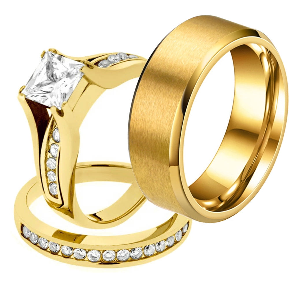 Yellow Gold Plated Matching Rings His and Her Rings Couple Rings CZ