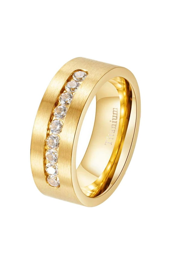 Yellow Gold Plated Matte 8mm Titanium Steel Mens Ring Men Wedding Band AAA CZ Man Ring
