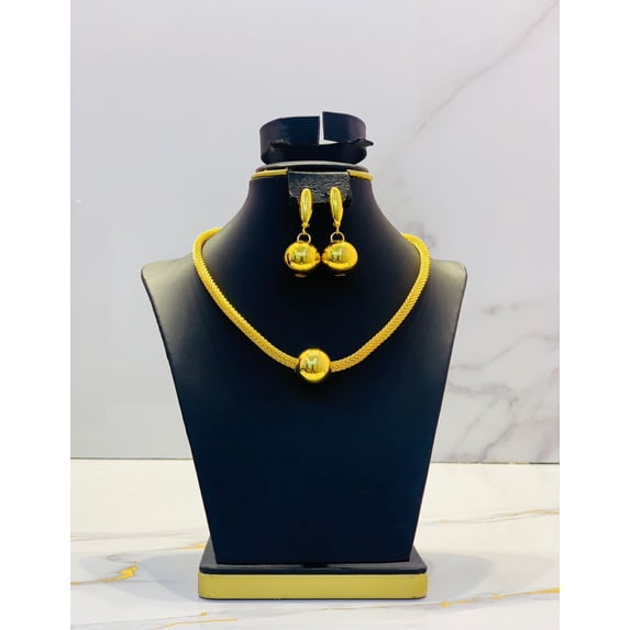 Yellow Gold Plated Mesh Necklace & Earrings Set - Round Ball Pendant Choker