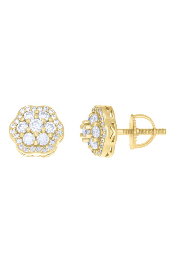 Yellow Gold Plated Moissanite Women's 10mm Floral Halo Flower Stud Earrings 1 CT