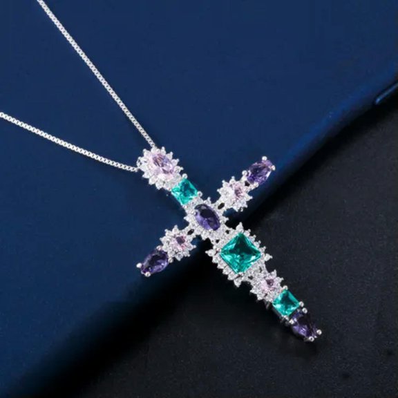 Yellow Gold Plated Multiccolor Cubic Zirconia Square Oval Cross Pendant Necklace