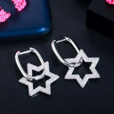 Yellow Gold Plated Multicolor Cubic Zirconia Lucky Star Hoop Earrings for Women