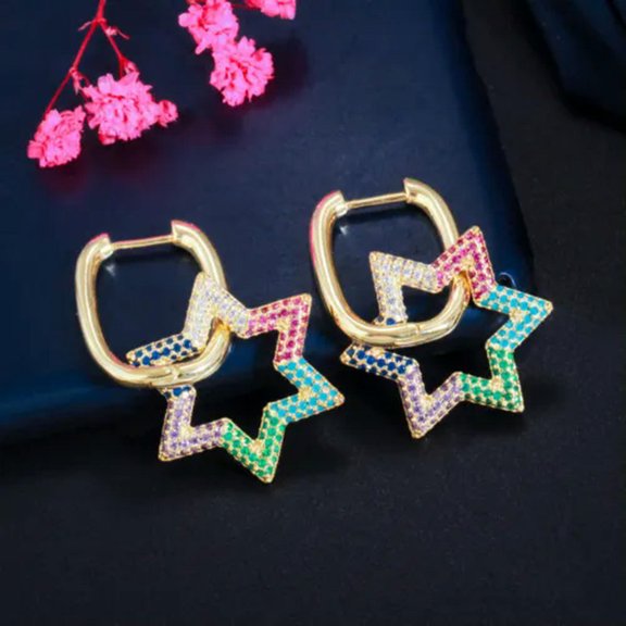 Yellow Gold Plated Multicolor Cubic Zirconia Lucky Star Hoop Earrings for Women