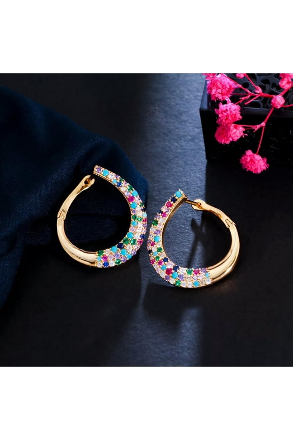 Yellow Gold Plated Multicolor Cubic Zirconia Moon Hoop Earrings Fashion Jewelry