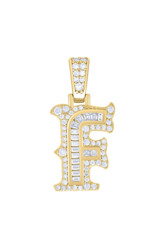 Yellow Gold Plated Princess Moissanite Block Letter F Initial Pendant 0.86 CT