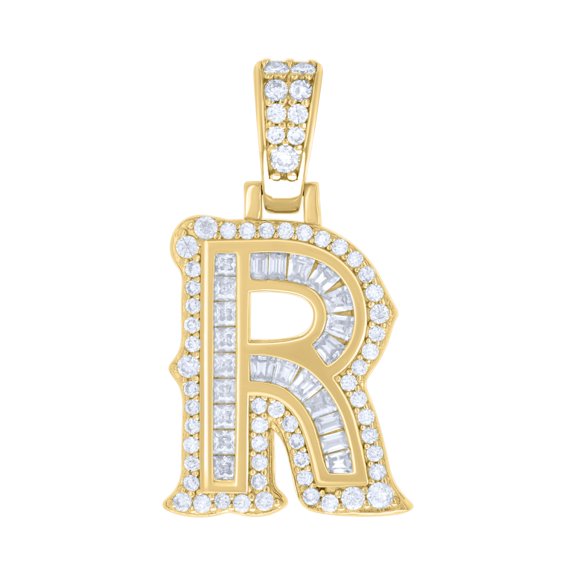 Yellow Gold Plated Princess Moissanite Block Letter R Initial Pendant 0.96 CT