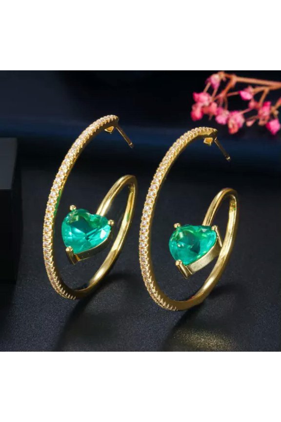 Yellow Gold Plated Purple CZ Lover Heart Shape Big Loop Circle Hoop Earrings