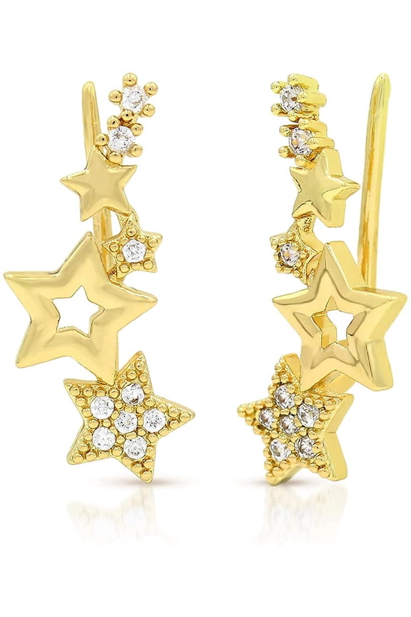 Yellow Gold Plated Shooting Star Cubic Zirconia Ear Crawler, Cuff Earrings, Giorgio Bergamo Gold
