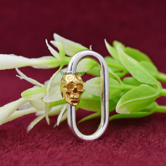 Yellow Gold Plated Skull Screw & Silver Wire Carabiner Lock Jewelry