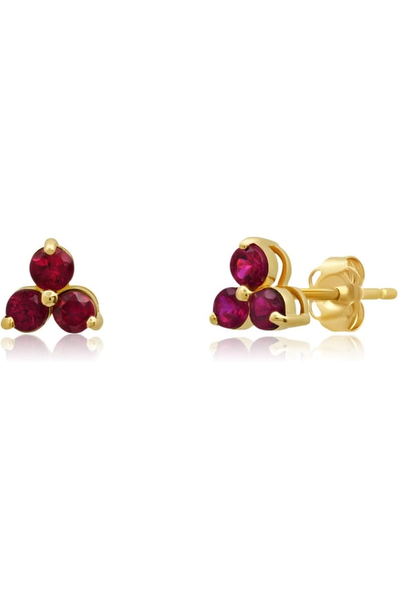 Yellow Gold Plated Small Ruby Gemstone Trio Round Stud Earrings for Women with Push Backs and Birthstones