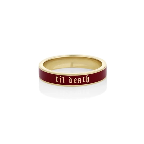 Yellow Gold Plated Till Death Red Enamel Band Ring 4mm, wedding band women, Bridal promise ring, Anniversary gift for her