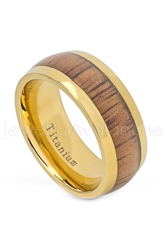 Yellow Gold Plated Titanium Ring with Hawaiian Koa Wood Inlay Comfort Fit Dome Wedding Ring TM588PL