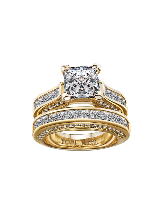 Yellow Gold Plated Womens Wedding Ring Sets Bridal Sets Suqare 1.5T Cz Engagement Ring Wedding Bands