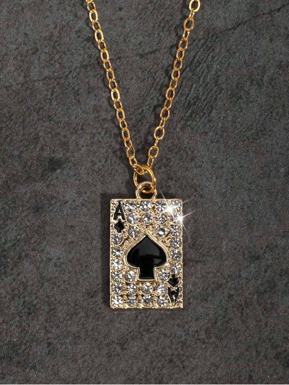 Yellow Gold Rhinestone Ace of Spades Pendant Necklace