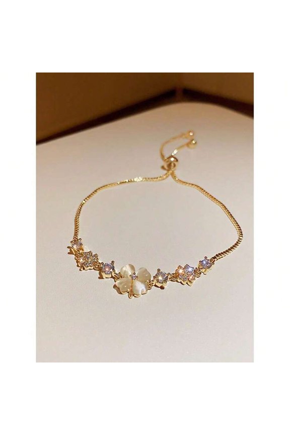 Yellow Gold Rhinestone & Cats Eye Flower Petal Adjustable Pull Chain Bracelet